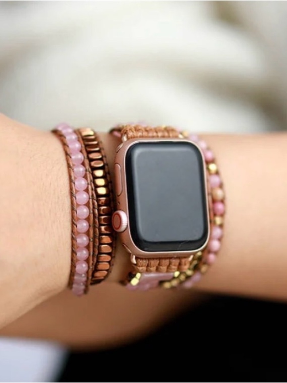Rose Quartz and Rhodonite Apple Watch Band for 42-46mm Watch Face. New/unworn